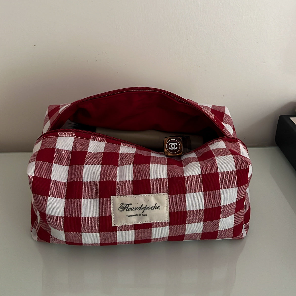 Red gingham makeup bag